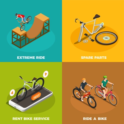 Bicycles isometric design concept with rent bike service spare parts and extreme ride isolated vector illustration