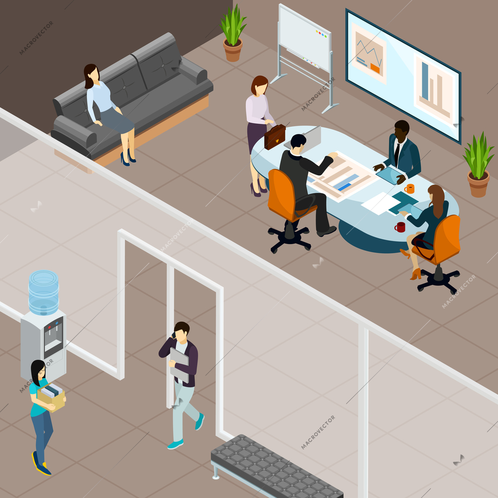 Business meeting in office isometric composition with personnel at table with coffee gadgets and reports vector illustration