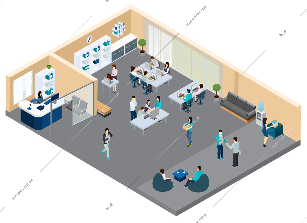 Office isometric composition with staff of department during work negotiation and coffee break vector illustration