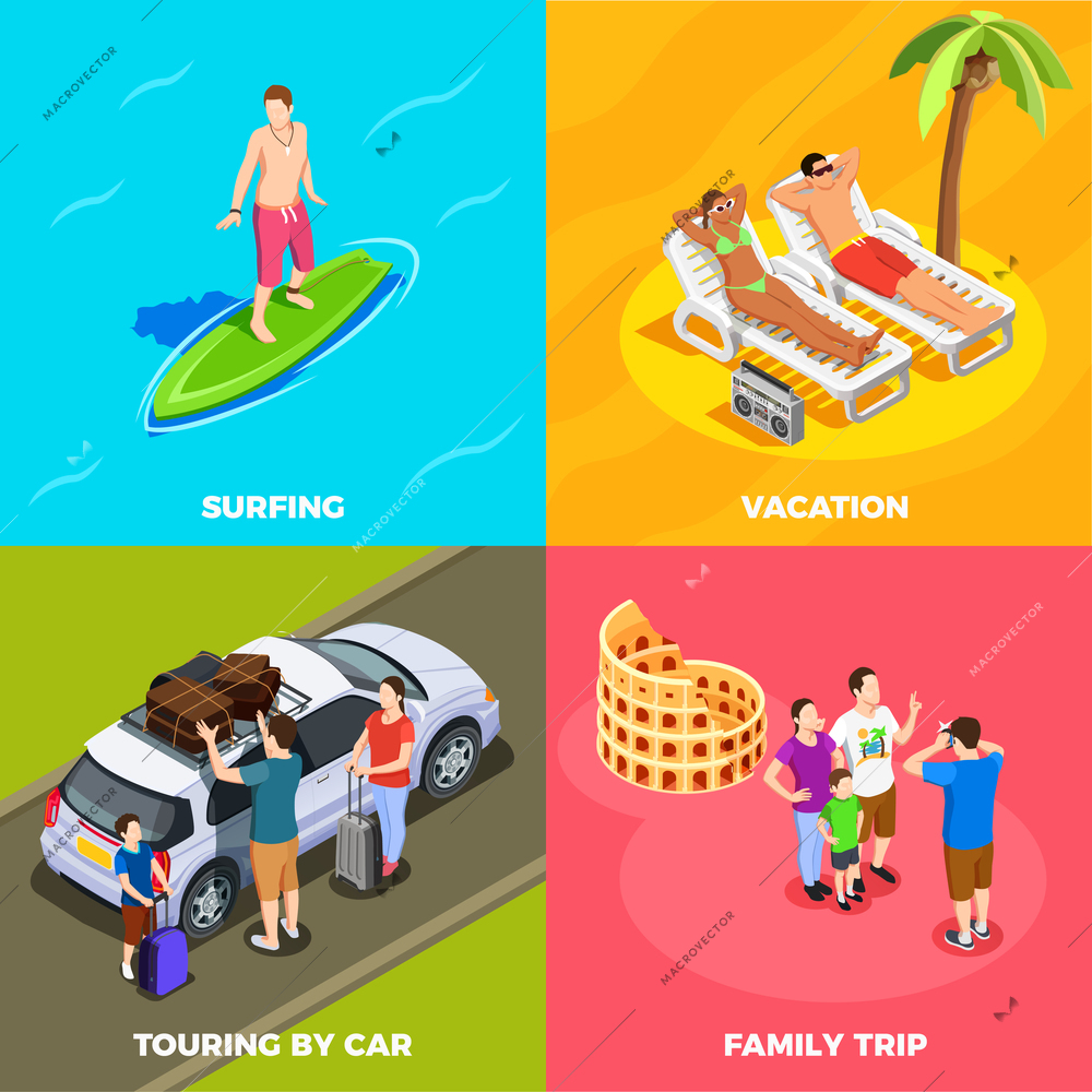 People on vacation isometric design concept beach holiday surfing traveling by car family trip isolated vector illustration