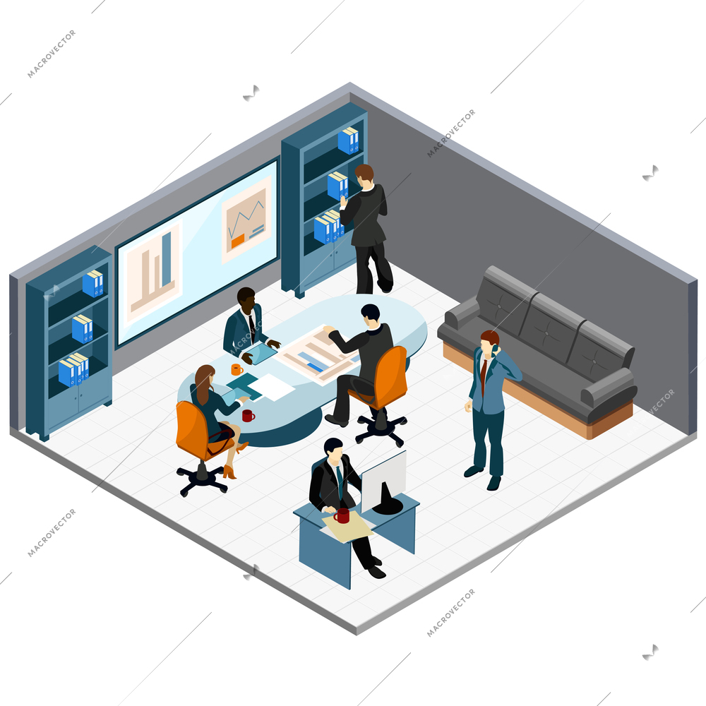 Office isometric composition with staff during business meeting phone negotiation and at work place vector illustration