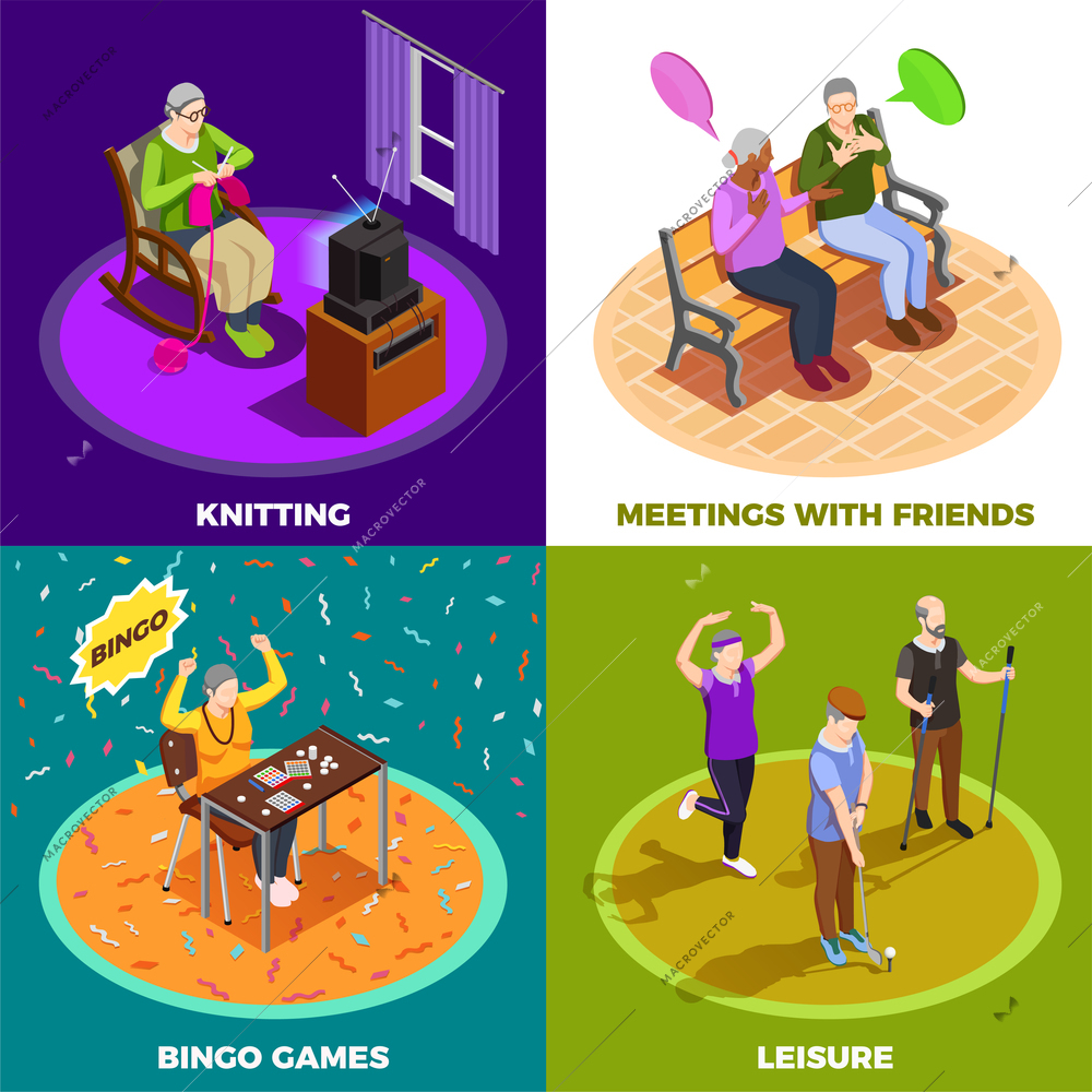 Elderly people during leisure meeting with friends bingo games and knitting isometric design concept isolated vector illustration