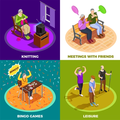 Elderly people during leisure meeting with friends bingo games and knitting isometric design concept isolated vector illustration