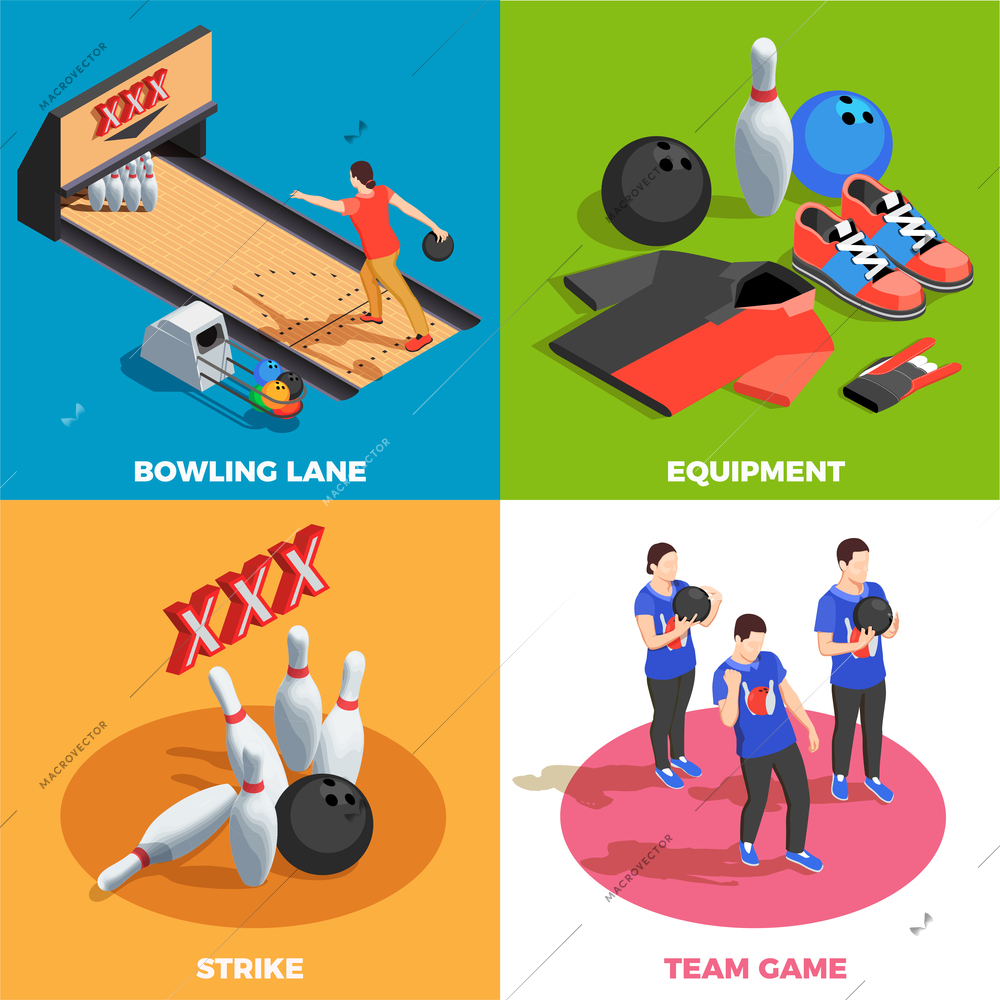 Bowling equipment team of players and game position strike isometric design concept isolated vector illustration