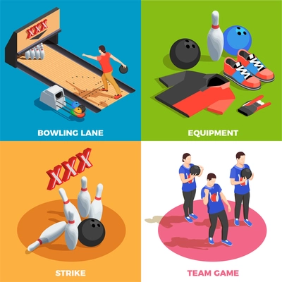 Bowling equipment team of players and game position strike isometric design concept isolated vector illustration