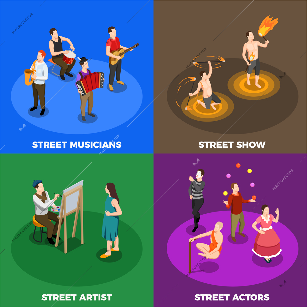 Street artist musicians actors and performers of fire show isometric design concept isolated vector illustration