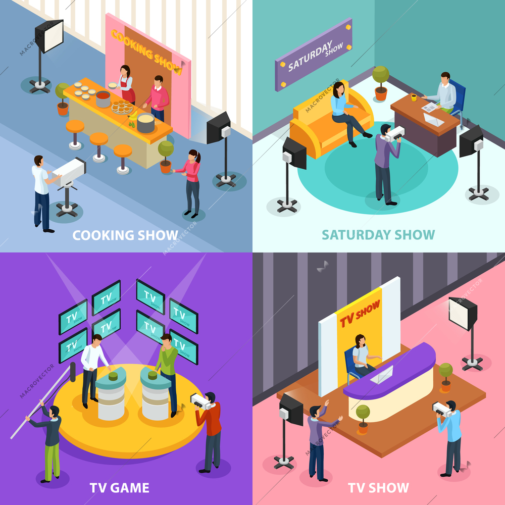 Isometric quiz tv show 2x2 design concept with human characters and indoor interiors of television studio vector illustration