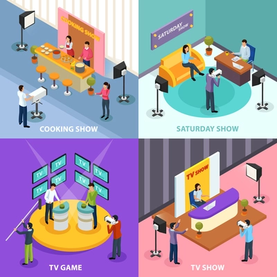 Isometric quiz tv show 2x2 design concept with human characters and indoor interiors of television studio vector illustration