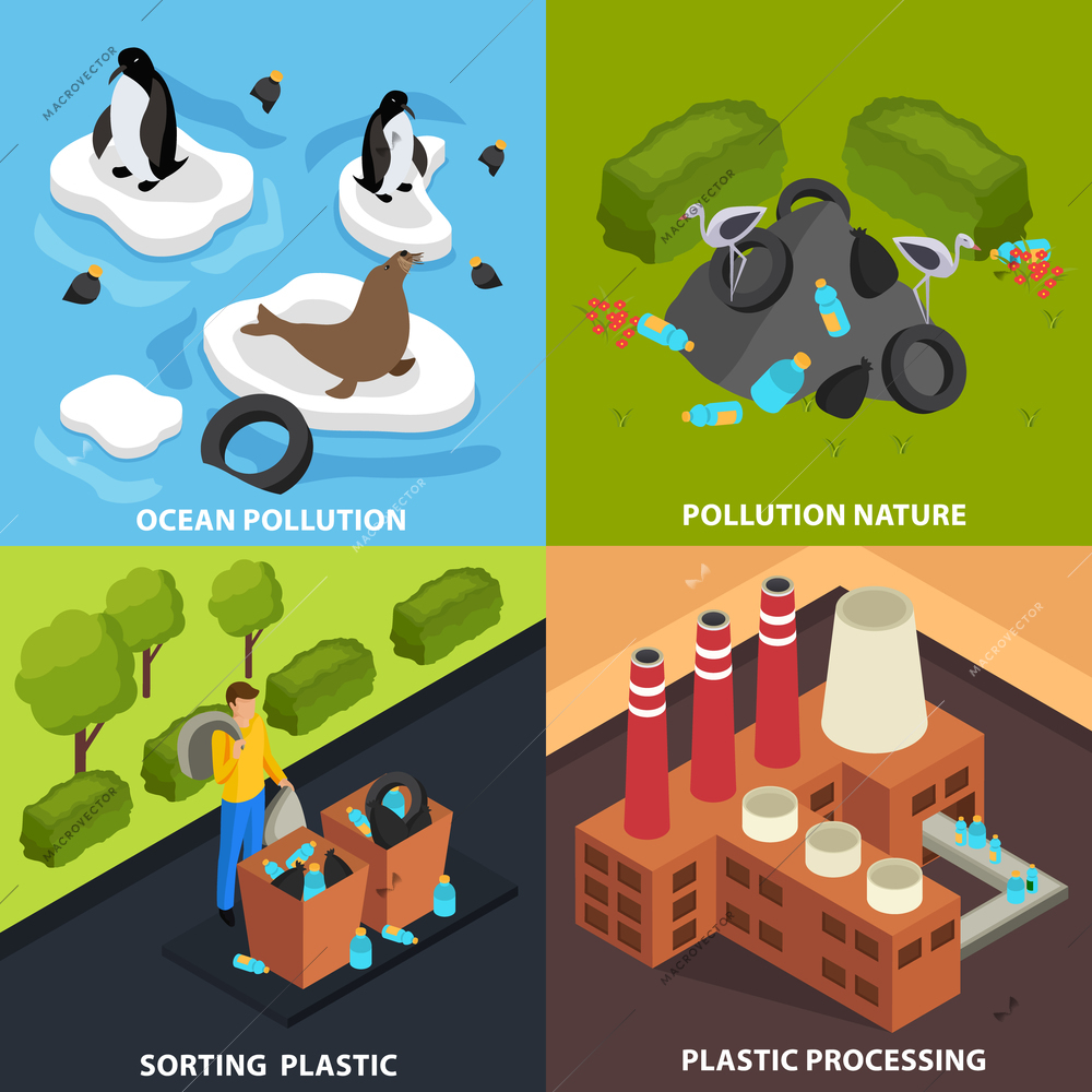Drastic plastic design concept with compositions of images representing aboveground pollution and waste treatment industrial facilities vector illustration