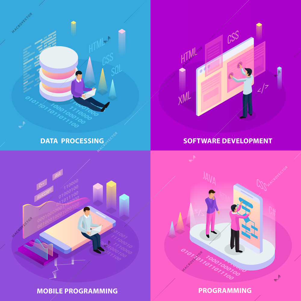 Freelance programming isometric 2x2 design concept with human icons and infographic images with editable text captions vector illustration