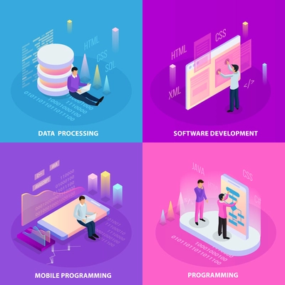 Freelance programming isometric 2x2 design concept with human icons and infographic images with editable text captions vector illustration