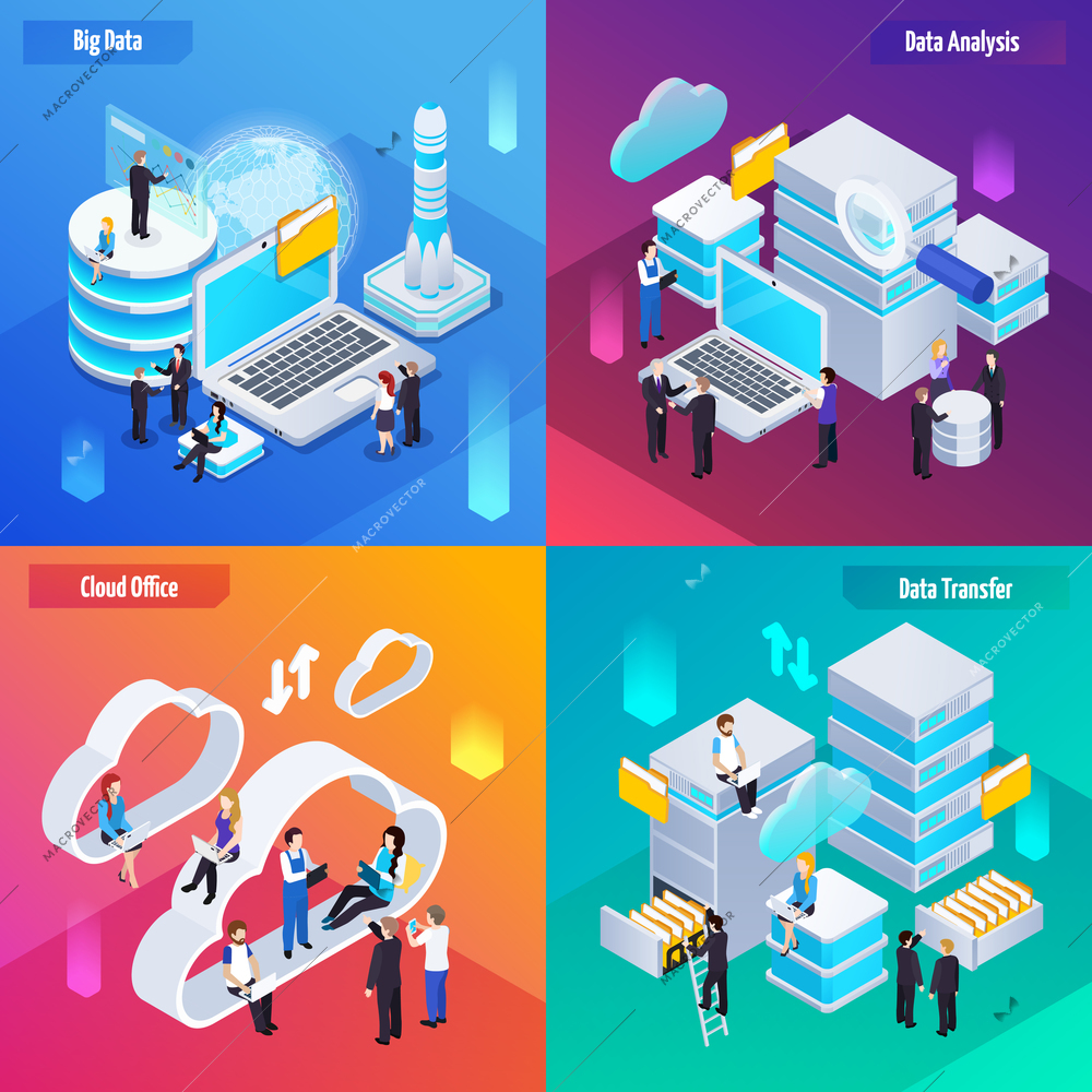 Big data analytics technology concept 4 isometric compositions icons with cloud office transfer analysis symbols vector illustration