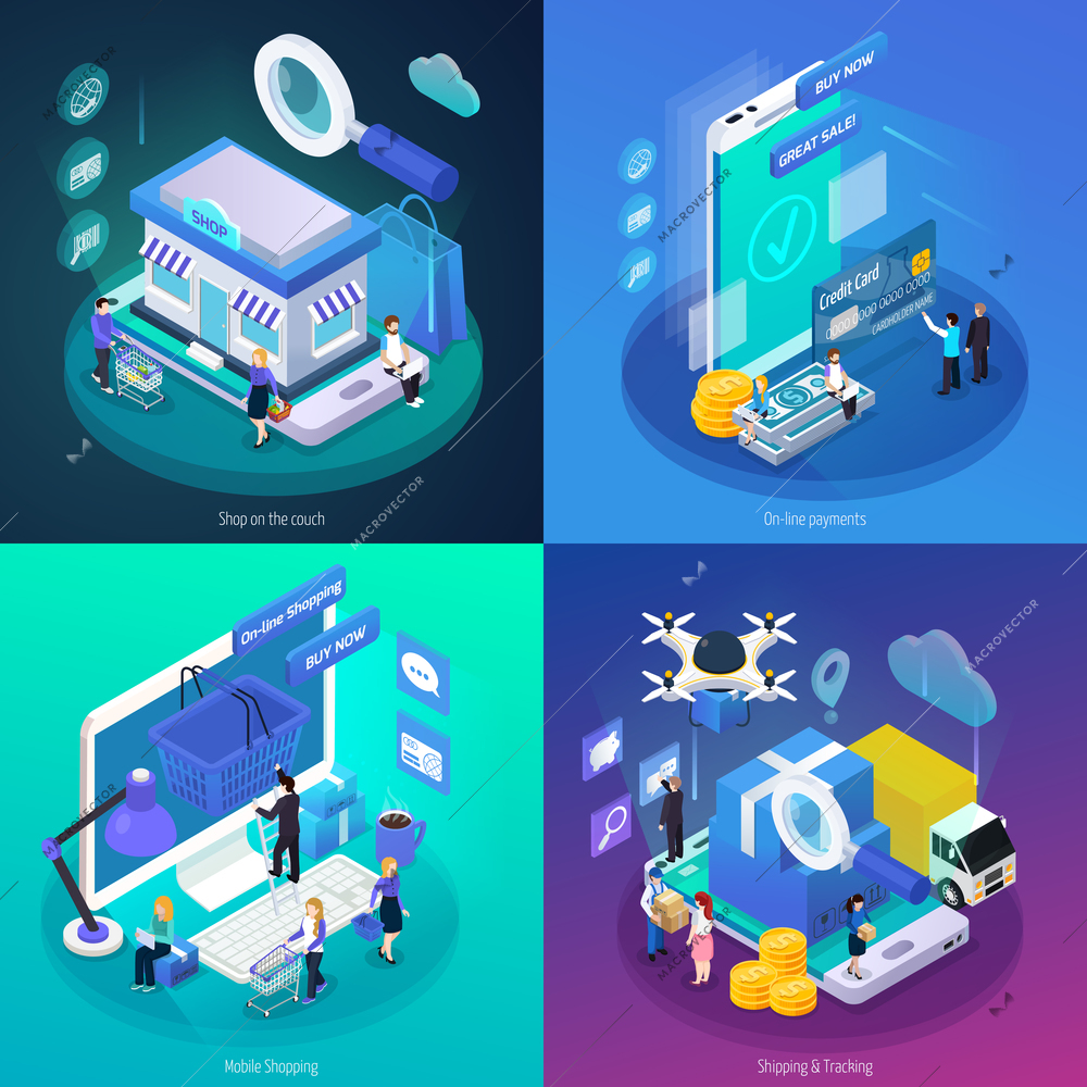 E-commerce mobile online shopping from home worldwide safe payments 4 glow isometric icons concept vector illustration