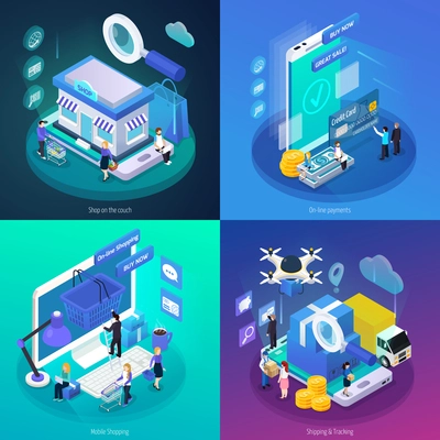 E-commerce mobile online shopping from home worldwide safe payments 4 glow isometric icons concept vector illustration