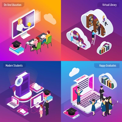 Distance education 4 glow isometric compositions set with e-learning virtual library vibrant colors background vector illustration