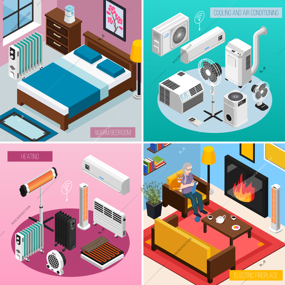 Smart home climate concept 4 isometric interior compositions with automated heating radiator air conditioner fireplace vector illustration