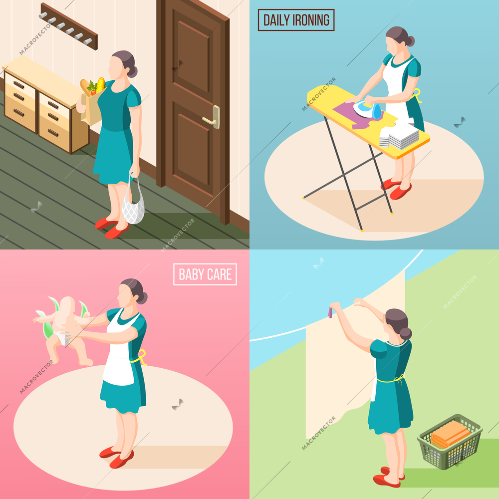 Tortured housewife 2x2 design concept set of routine daily duties so as baby care laundry ironing isometric vector illustration