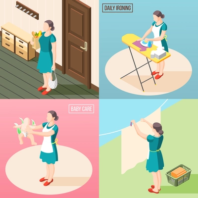 Tortured housewife 2x2 design concept set of routine daily duties so as baby care laundry ironing isometric vector illustration