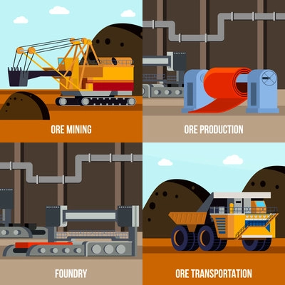 Metallurgy flat design concept with ore mining and transportation foundry machinery for steel production isolated vector illustration