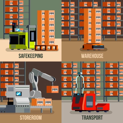 Automated warehouse with robots and storage equipment flat design concept isolated vector illustration