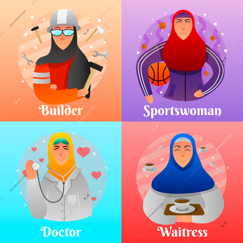 Professions of muslim women flat design concept with builder doctor athlete and waitress isolated vector illustration
