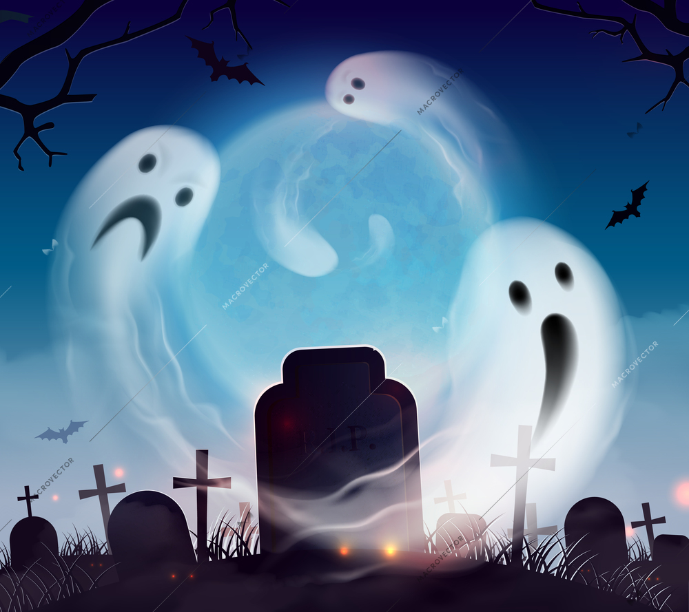 Graveyard ghost realistic halloween scenery landscape composition with scary and funny spooks floating above cemetery vector illustration