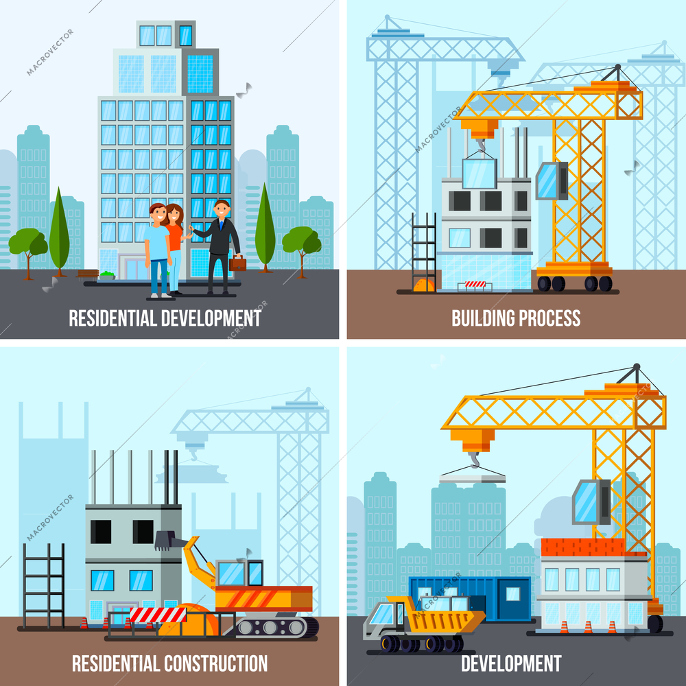 Sky scraper construction flat design concept with house building process and residential development isolated vector illustration