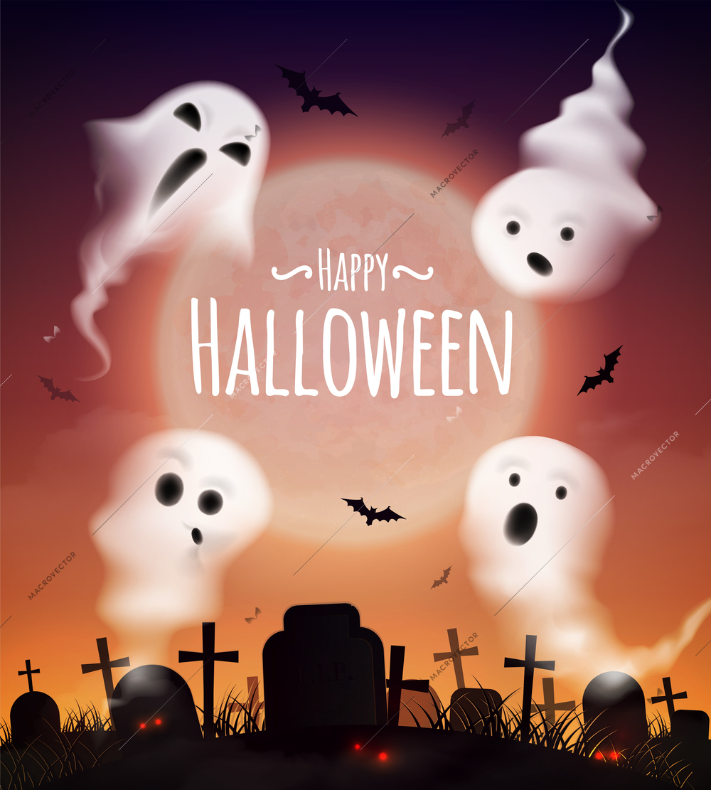 Happy halloween celebration realistic poster with 4 ghosts floating above graveyard and bats at sunset vector illustration