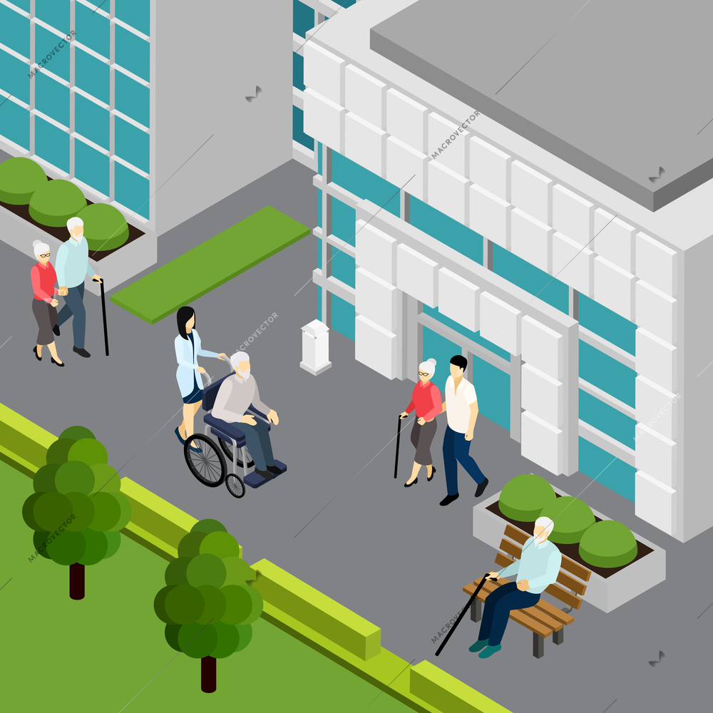 Elderly couple and lonely pensioners with attendants near institution building isometric vector illustration