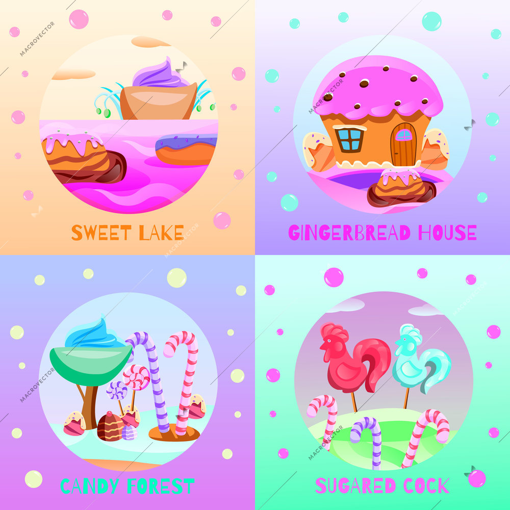 Fairy tale candy land flat design concept sweet lake ginger bread house sugared cock isolated vector illustration