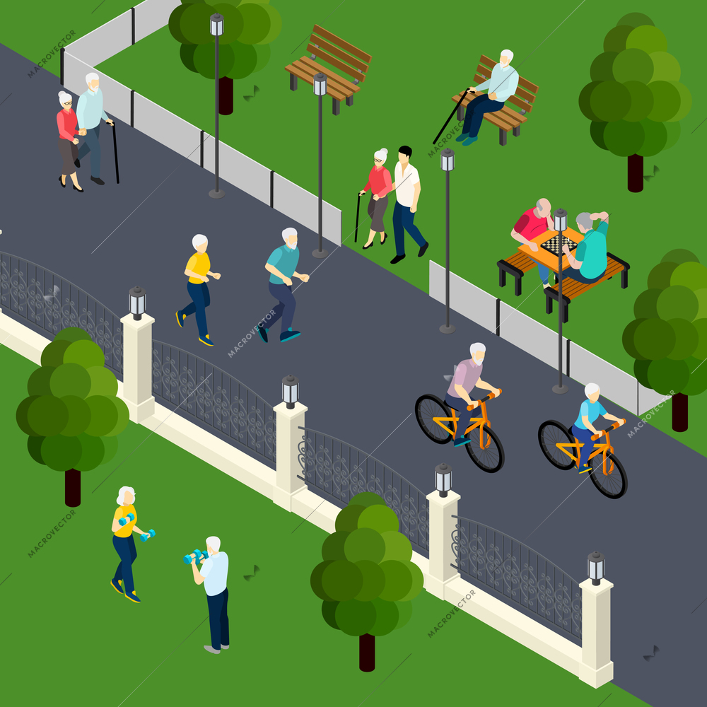 Leisure activity of pensioners at outdoor sport board game with friends walking in park isometric vector illustration