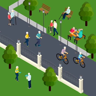 Leisure activity of pensioners at outdoor sport board game with friends walking in park isometric vector illustration