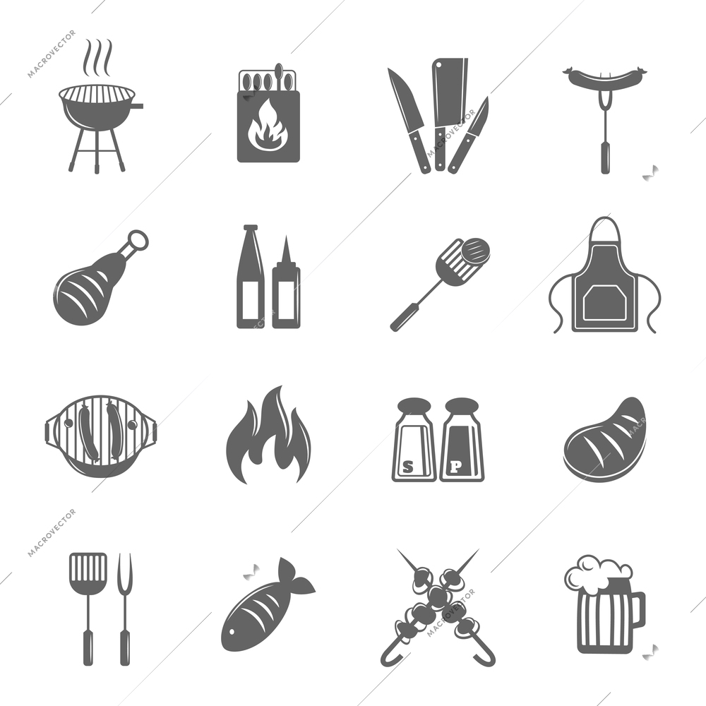 Fish and meat bbq food fire outdoor party icons set isolated vector illustration