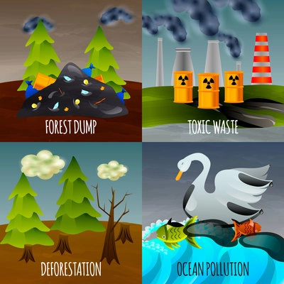 Ecological problems flat design concept with toxic waste garbage dumps deforestation and ocean pollution isolated vector illustration