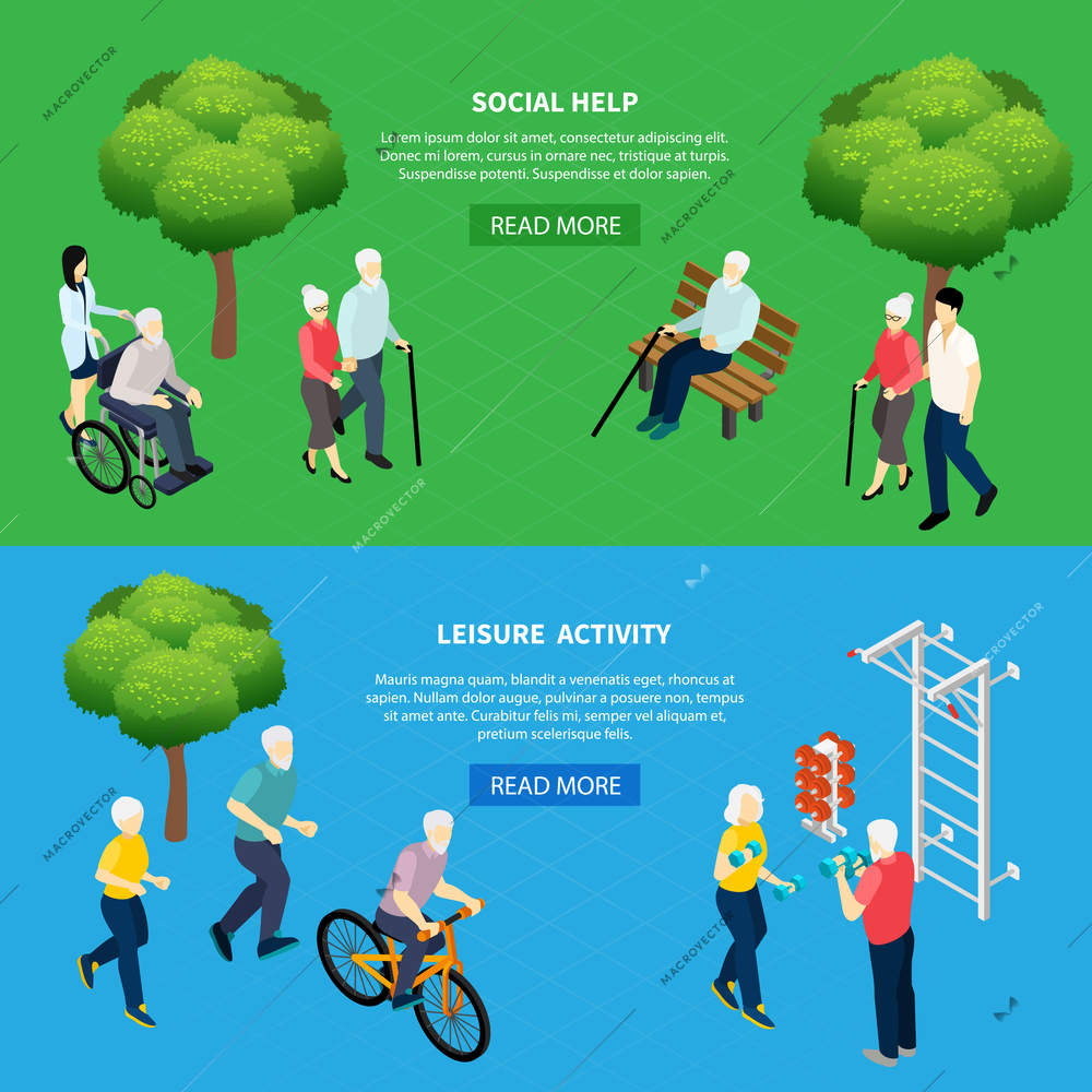 Isometric horizontal banners social help for elderly persons and leisure activity of pensioners isolated vector illustration