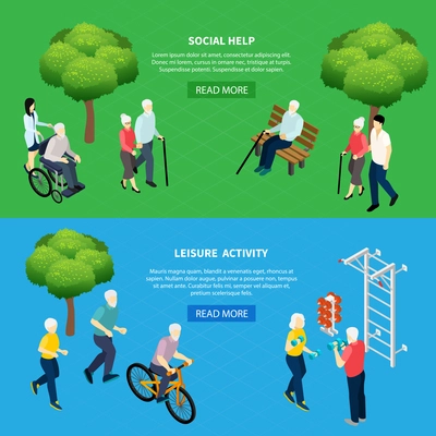 Isometric horizontal banners social help for elderly persons and leisure activity of pensioners isolated vector illustration