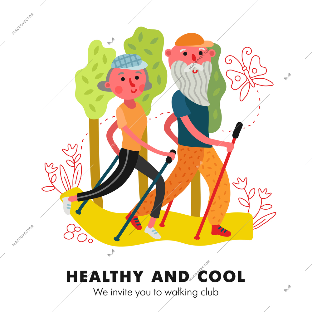 Health promoting physical activity for elderly people nordic walking club invitation advertisement funny cartoon poster vector illustration