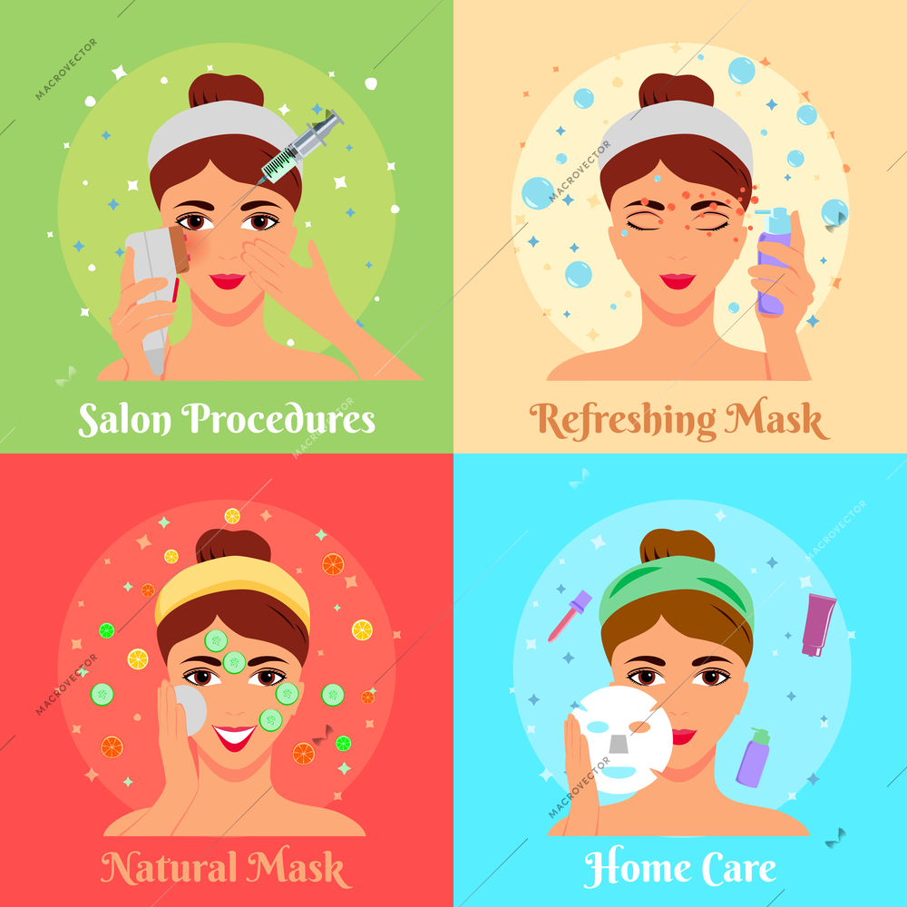 Cosmetic procedures of beauty salon and face care at home flat design concept isolated vector illustration