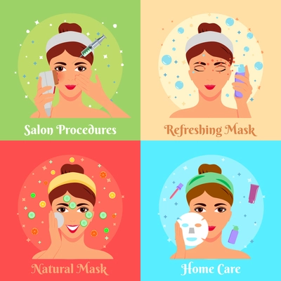 Cosmetic procedures of beauty salon and face care at home flat design concept isolated vector illustration