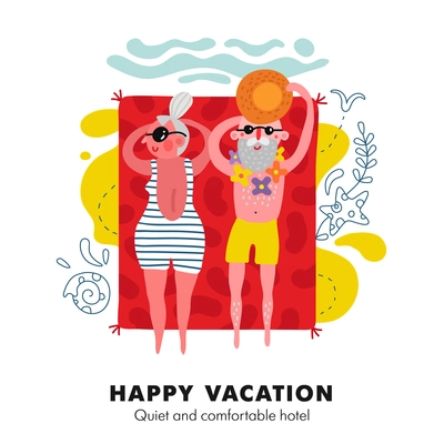 Elderly couple seaside sunbathing on bright red beach towel colorful cartoon vacation accommodation advertisement poster vector illustration