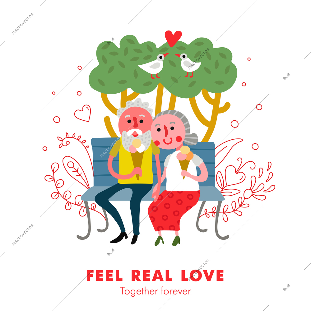 Elderly people healthy loving relations funny cartoon poster with couple outdoor together eating ice cream vector illustration