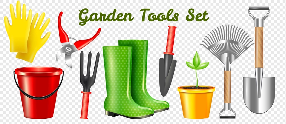 Set of realistic garden protective and working tools with sprout isolated on transparent background vector illustration