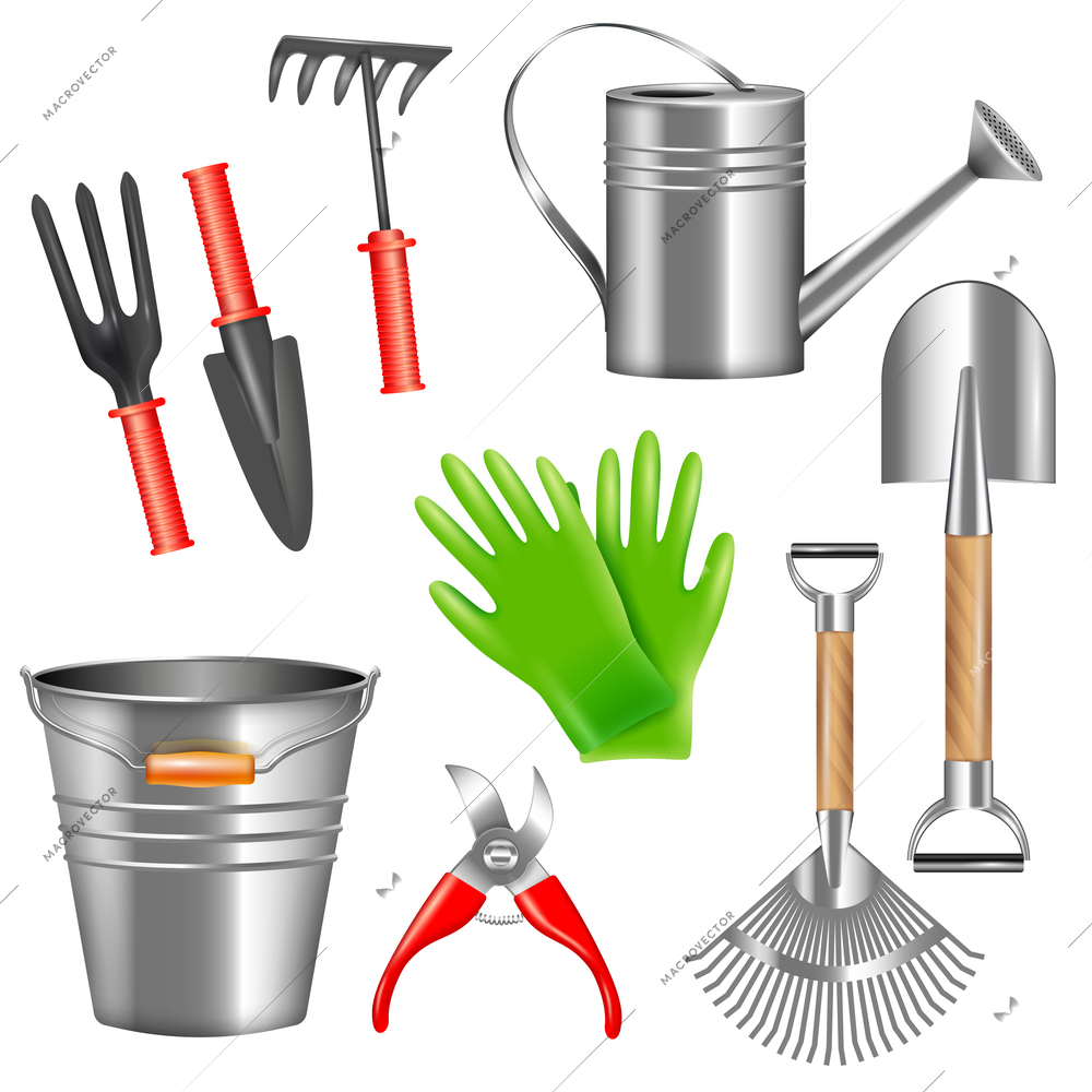 Set of realistic metal and rubber garden tools for weeding watering trimming of plants isolated vector illustration