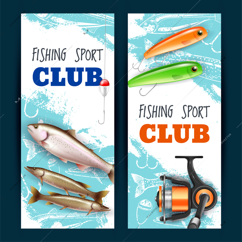 Set of vertical banners realistic fishing tackles trout and pike isolated on blue white background vector illustration