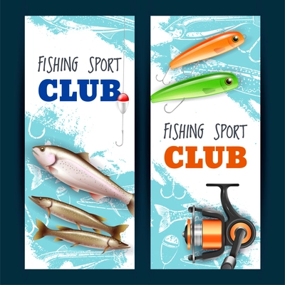 Set of vertical banners realistic fishing tackles trout and pike isolated on blue white background vector illustration