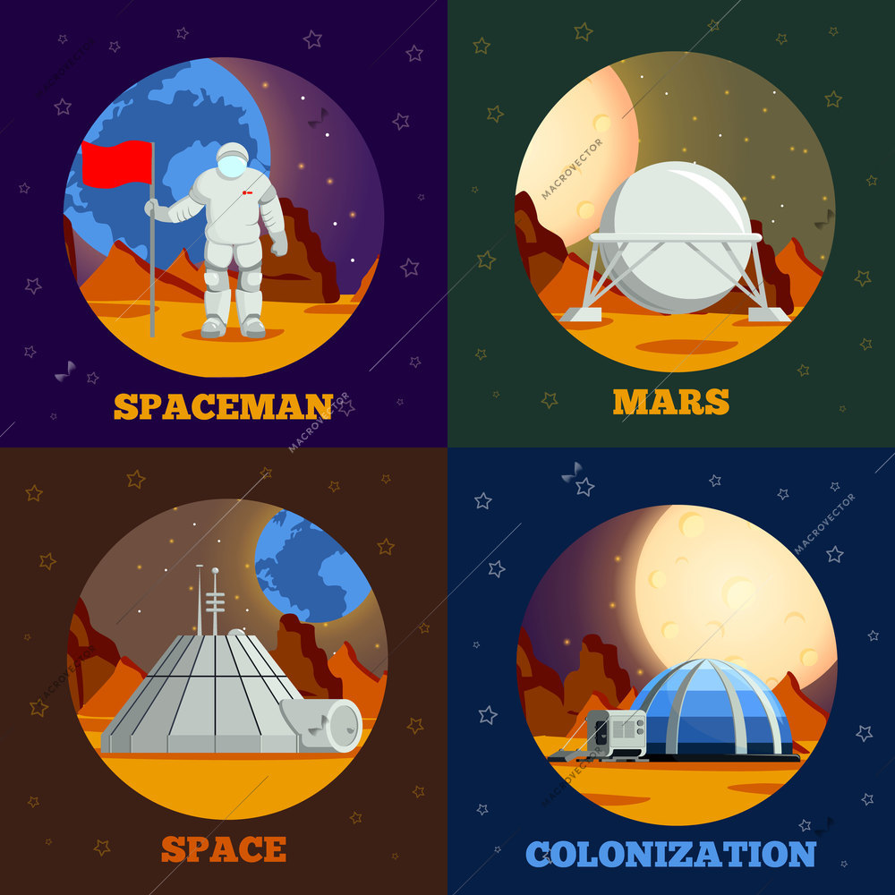 Planet colonization flat design concept with astronaut during space expedition and station on mars isolated vector illustration