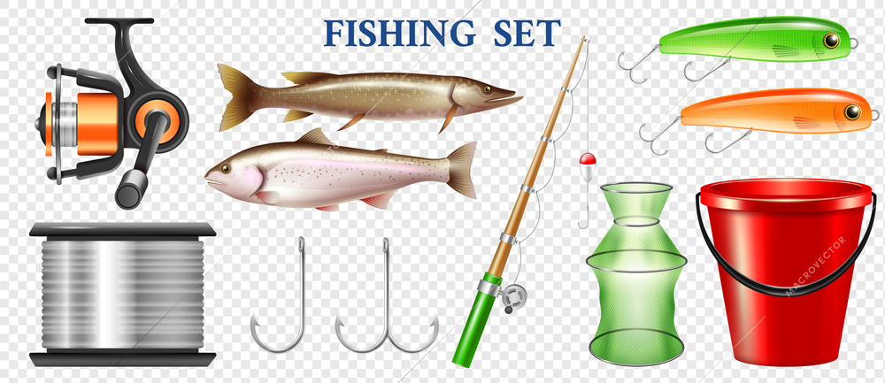 Set of realistic fishing elements with tackles rainbow trout and pike isolated on transparent background vector illustration