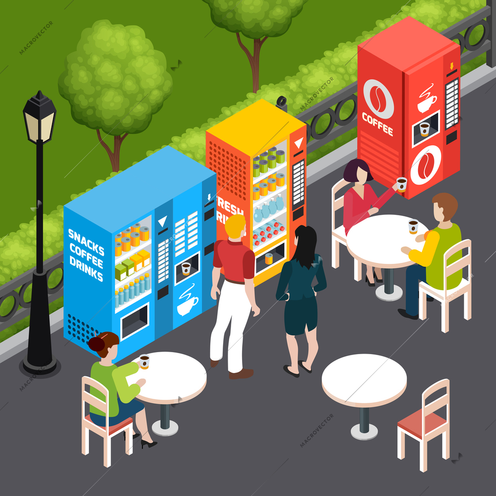 People drinking coffee in outdoor cafe with vending machines selling snacks and drinks 3d isometric vector illustration