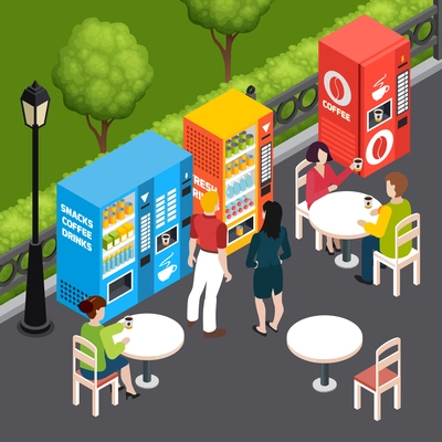 People drinking coffee in outdoor cafe with vending machines selling snacks and drinks 3d isometric vector illustration