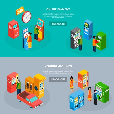 Isometric set of two horizontal banners with people using online payment terminals and different vending machines 3d isolated vector illustration